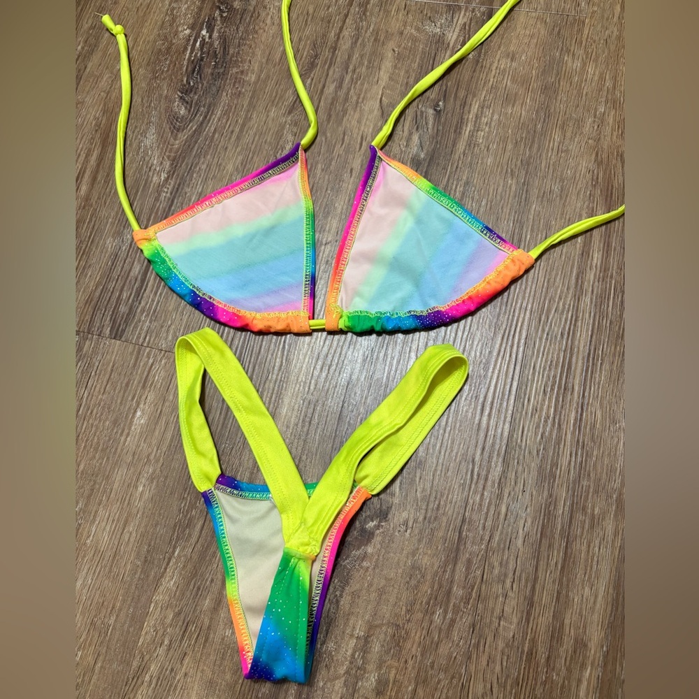 Rainbow Bikini Thong Set with Neon Straps - Picture 2 of 4